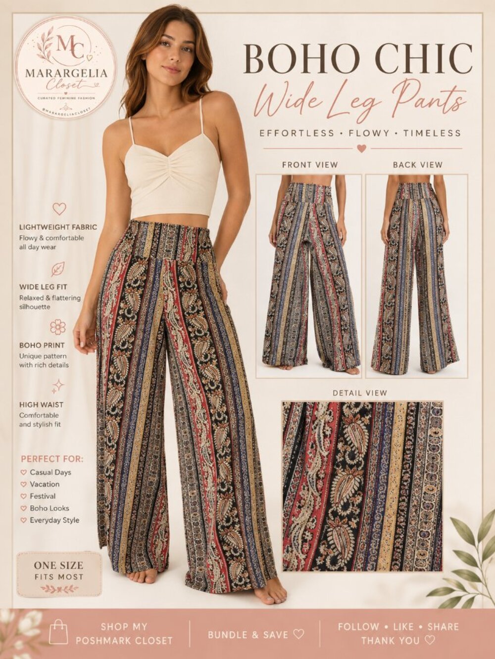 Honeyme Boho 70s Paisley Print High Rise Palazzo Pants Small